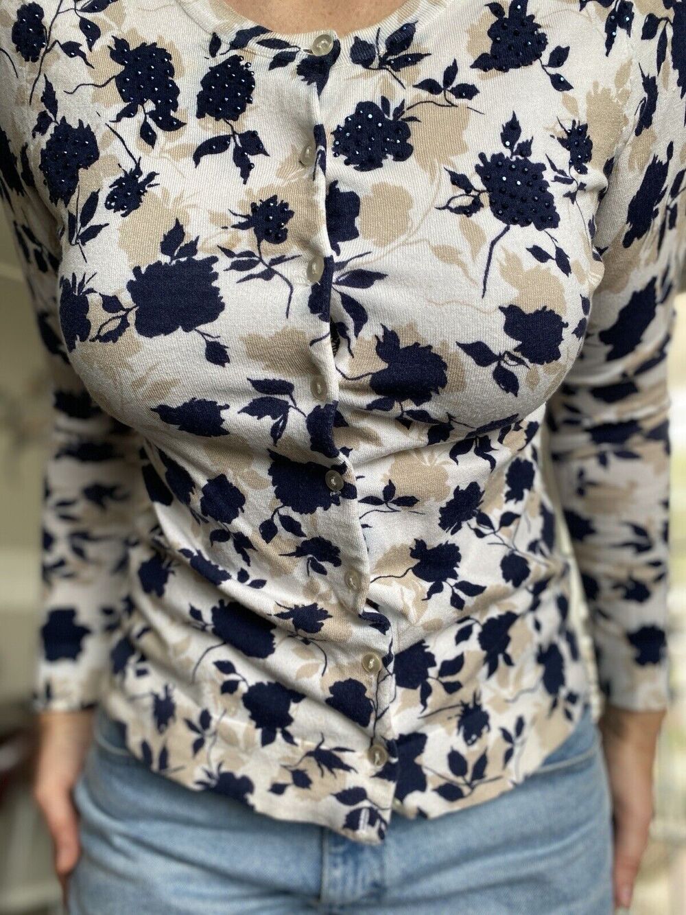 Charter Club women's floral sweater cardigan Navy blue and tan size S